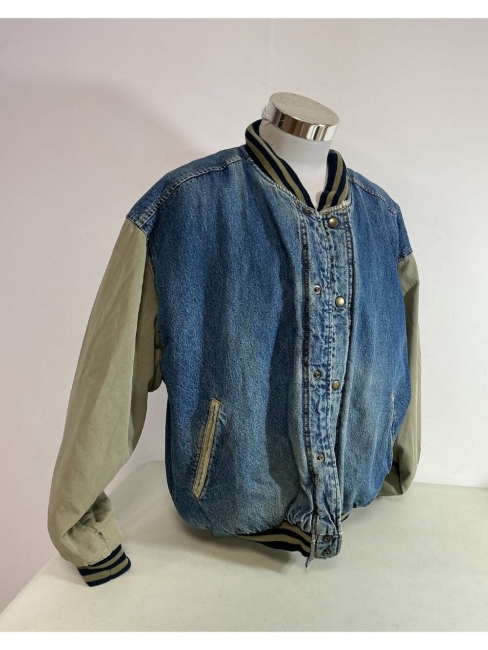 Denim Varsity Vintage Jacket Lined Snap Front Mens XL